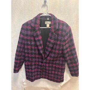 Rafaella Womens Blazer Jacket Pink Black Plaid Textured Button Size M
